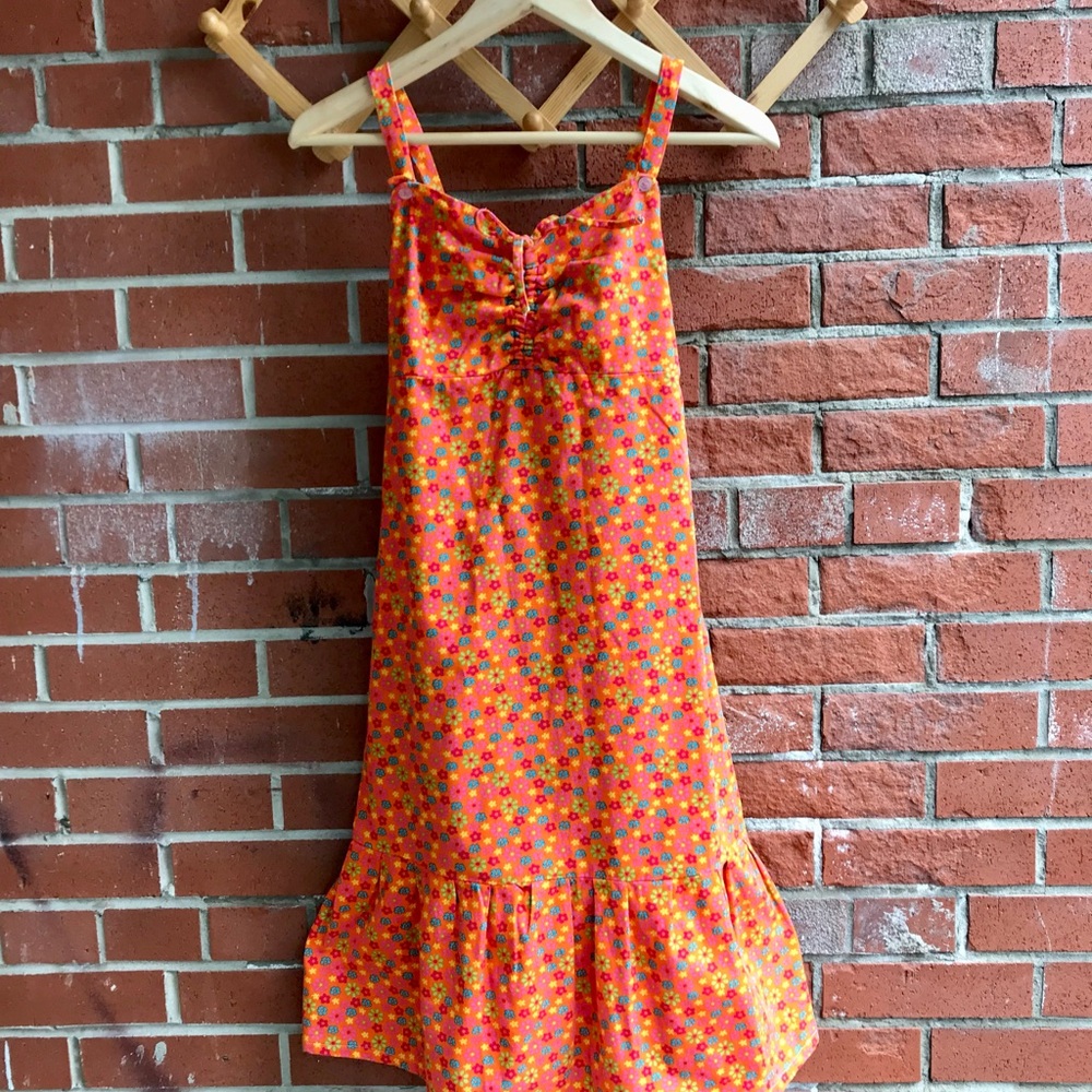 Vintage Flower Power Handmade Orange Long Sundress Ruffle Skirt Spaghetti Straps